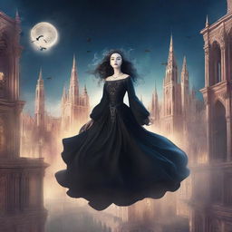 A magical digital illustration of a woman floating in the sky above a gothic city