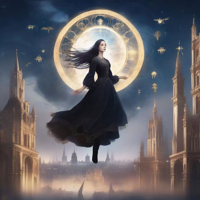 A magical digital illustration of a woman floating in the sky above a gothic city