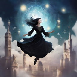 A magical digital illustration of a woman floating in the sky above a gothic city