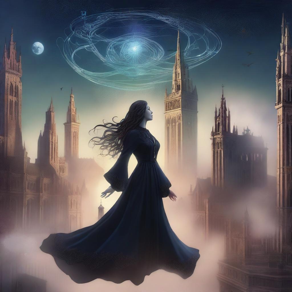 A magical digital illustration of a woman floating in the sky above a gothic city