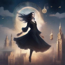 A magical digital illustration of a woman floating in the sky above a gothic city