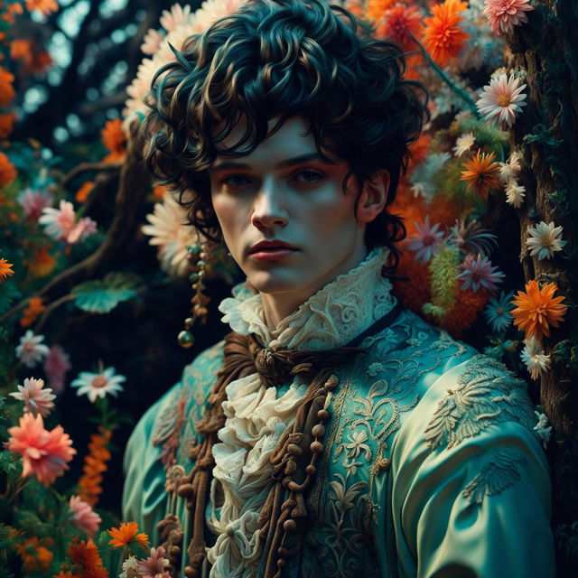 Hyper-realistic 3D photograph of an androgynous Russian man in Rococo attire in a vibrant mystical forest with a flower aesthetic and ultra-high resolution textures.