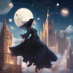 A magical digital illustration of a woman floating in the sky above a gothic city