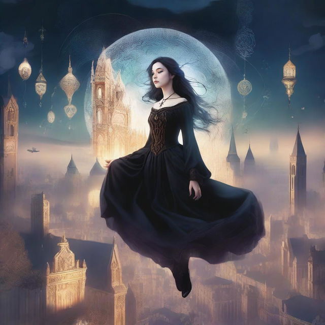 A magical digital illustration of a woman floating in the sky above a gothic city