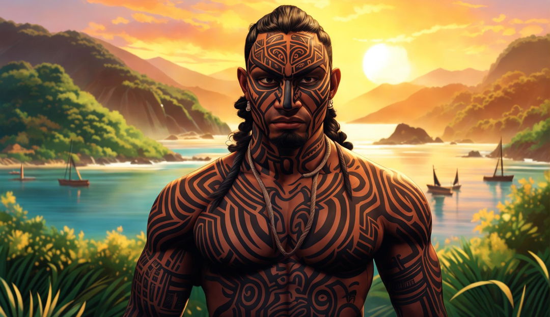 A serene figure in traditional Māori attire and tattoos, by a tranquil bay in morning light, in the artistic style of 'Spider-Man: Into the Spider-Verse