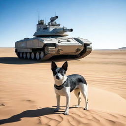 A robot tank sniper in the desert accompanied by a blue heeler dog