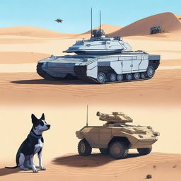 A robot tank sniper in the desert accompanied by a blue heeler dog