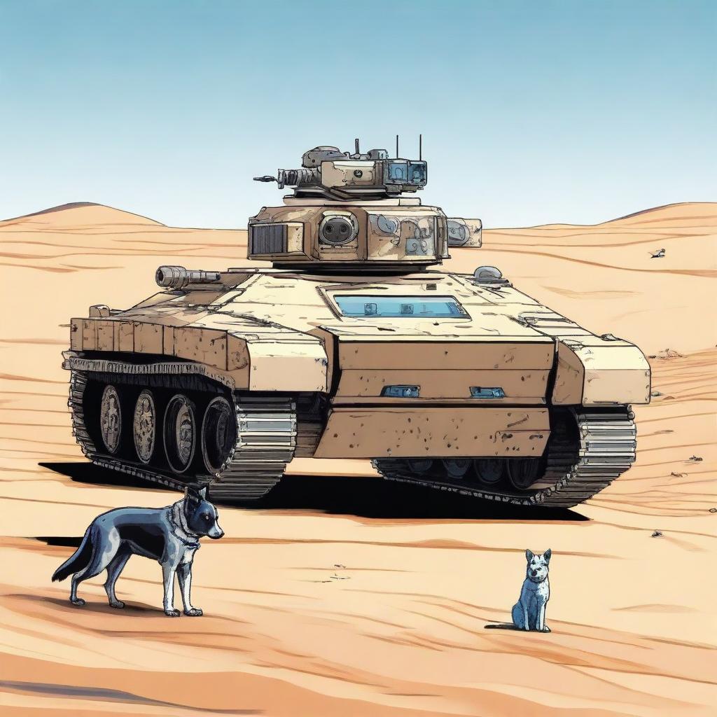 A robot tank sniper in the desert accompanied by a blue heeler dog