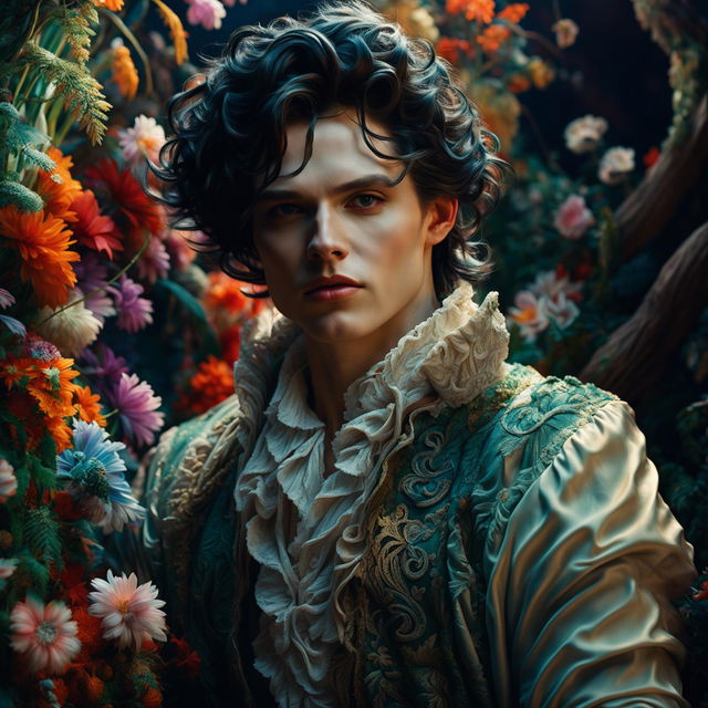 Hyper-realistic 3D photograph of an androgynous Russian man in Rococo attire in a vibrant mystical forest with a flower aesthetic, ultra-high resolution facial features and textures.