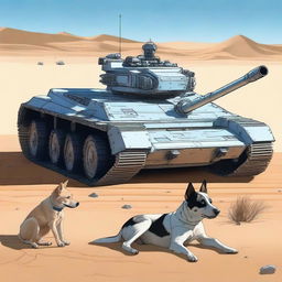 A robot tank sniper in the desert accompanied by a blue heeler dog