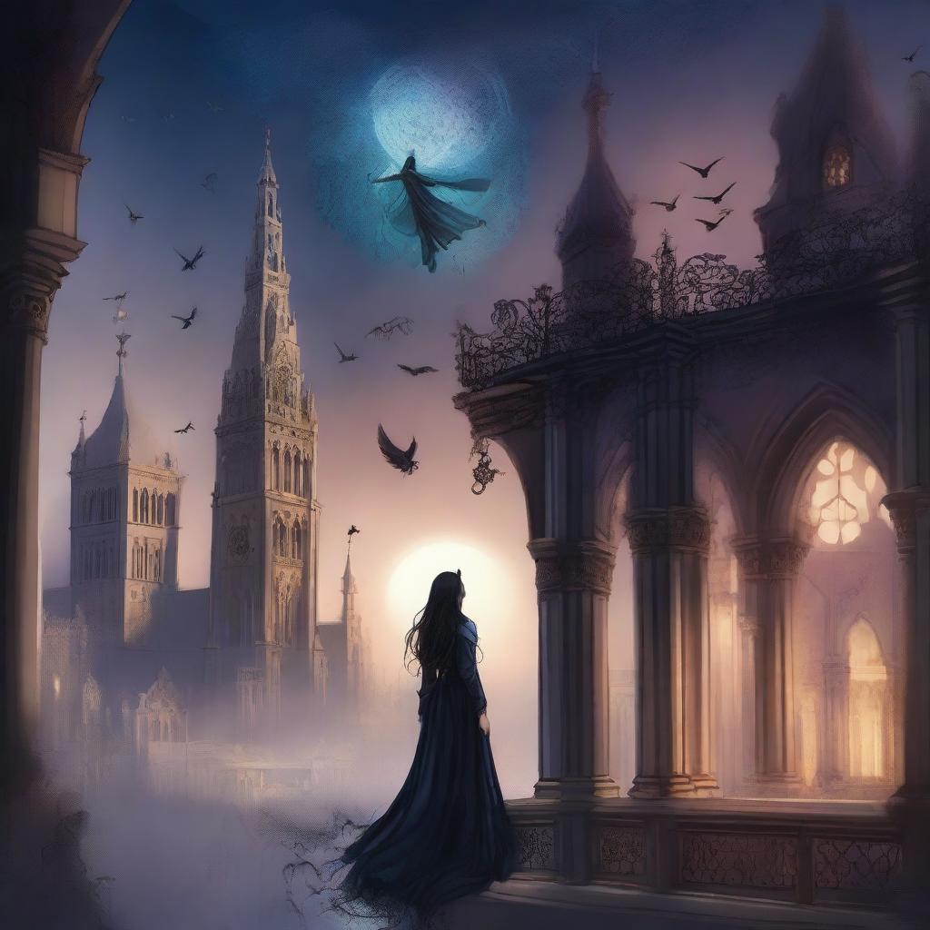 A magical digital illustration of a woman floating in the sky above a gothic city, surrounded by a magic spell with mystical symbols and glowing energy