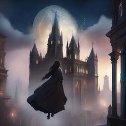 A magical digital illustration of a woman floating in the sky above a gothic city, surrounded by a magic spell with mystical symbols and glowing energy