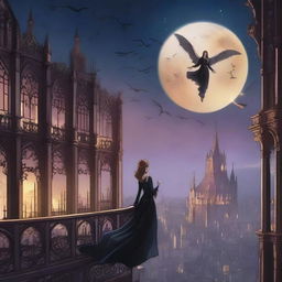 A magical digital illustration of a woman floating in the sky above a gothic city, surrounded by a magic spell with mystical symbols and glowing energy