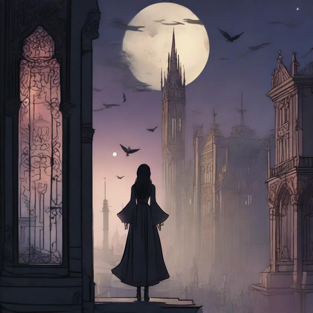 A magical digital illustration of a woman floating in the sky above a gothic city, surrounded by a magic spell with mystical symbols and glowing energy