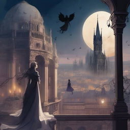 A magical digital illustration of a woman floating in the sky above a gothic city, surrounded by a magic spell with mystical symbols and glowing energy