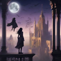 A magical digital illustration of a woman floating in the sky above a gothic city, surrounded by a magic spell with mystical symbols and glowing energy