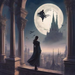 A magical digital illustration of a woman floating in the sky above a gothic city, surrounded by a magic spell with mystical symbols and glowing energy