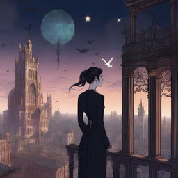 A magical digital illustration of a woman floating in the sky above a gothic city, surrounded by a magic spell with mystical symbols and glowing energy