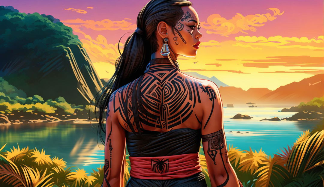 A serene woman in traditional Māori attire and tattoos stands by a tranquil bay in the morning light, depicted in the style of 'Spider-Man: Into the Spider-Verse