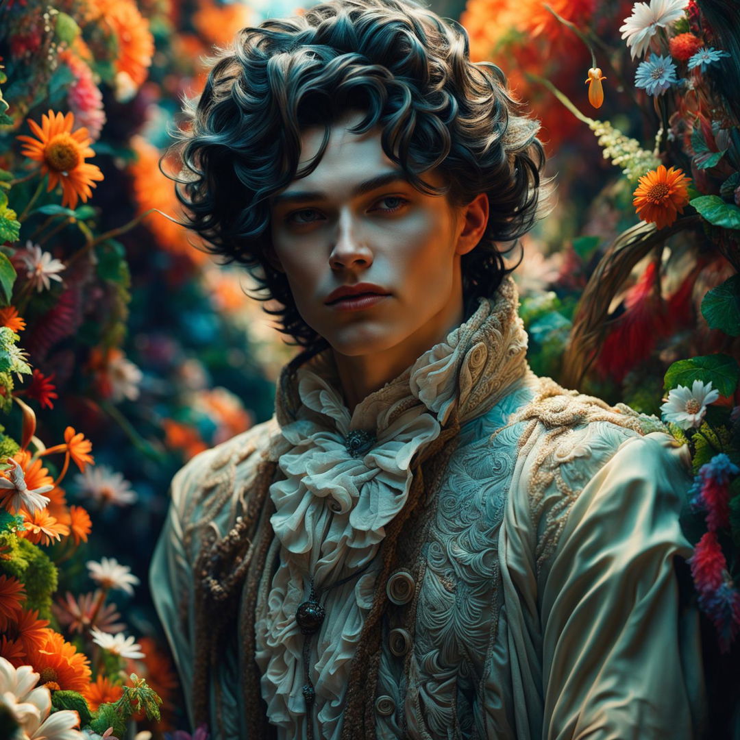 Hyper-realistic 3D photograph of an androgynous Russian man in Rococo attire in a vibrant mystical forest with a flower aesthetic, ultra-high resolution facial features and textures.