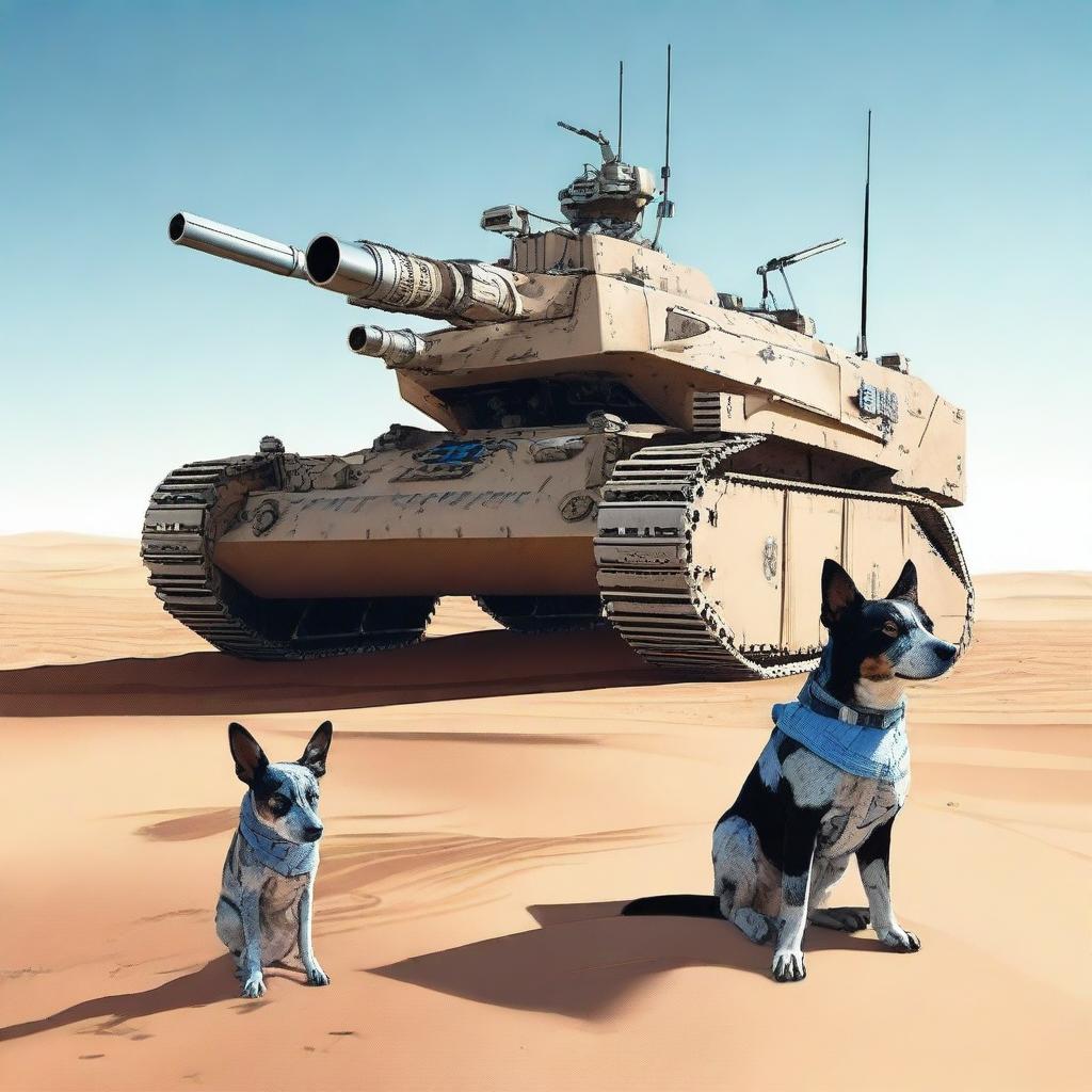 A small robot tank sniper in the desert accompanied by a blue heeler dog