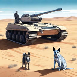 A small robot tank sniper in the desert accompanied by a blue heeler dog