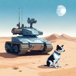 A small robot tank sniper in the desert accompanied by a blue heeler dog