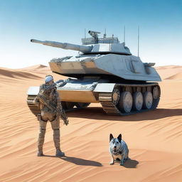 A small robot tank sniper in the desert accompanied by a blue heeler dog