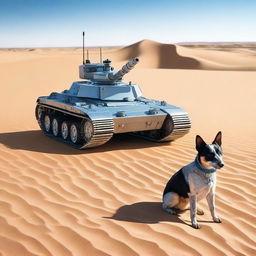 A small robot tank sniper in the desert accompanied by a realistic blue heeler dog