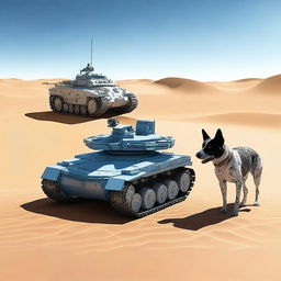 A small robot tank sniper in the desert accompanied by a realistic blue heeler dog