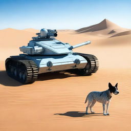 A small robot tank sniper in the desert accompanied by a realistic blue heeler dog