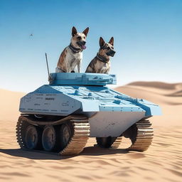 A small robot tank sniper in the desert accompanied by a realistic blue heeler dog