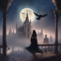 A magical digital illustration of a woman floating in the sky above a gothic city, surrounded by a magic spell with mystical symbols and glowing energy swirling around her