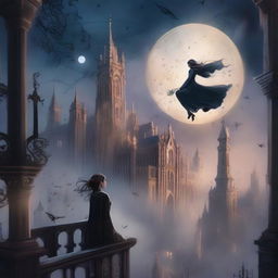 A magical digital illustration of a woman floating in the sky above a gothic city, surrounded by a magic spell with mystical symbols and glowing energy swirling around her