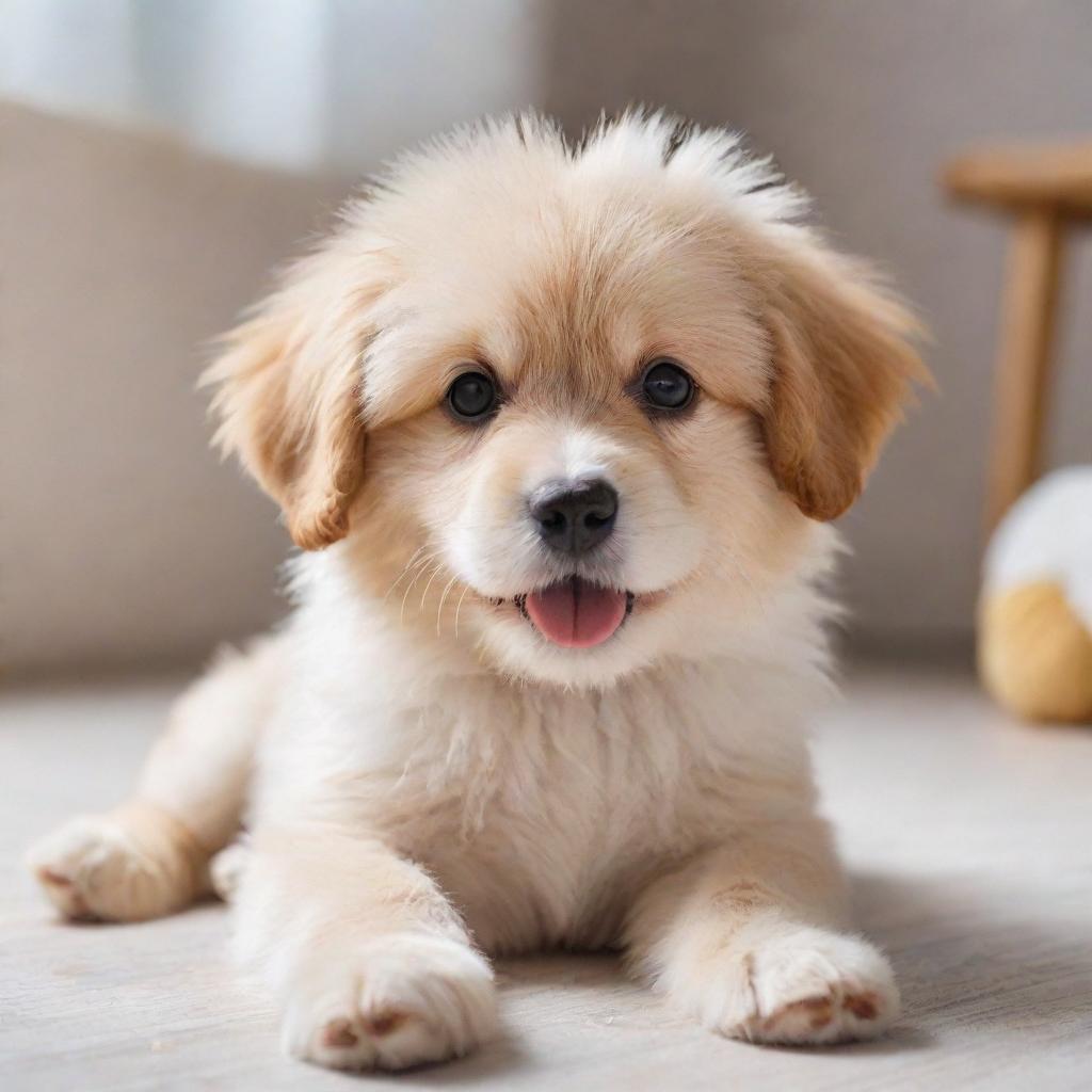 Adorable, playful puppy with shining eyes, fluffy fur, and an energetic aura, lost in joy while playing with a cute, soft toy.