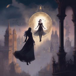 A magical digital illustration of a woman floating in the sky above a gothic city, surrounded by a magic spell with mystical symbols and glowing energy swirling around her