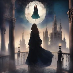 A magical digital illustration of a woman floating in the sky above a gothic city, surrounded by a magic spell with mystical symbols and glowing energy swirling around her