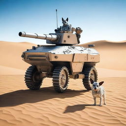 A small robot tank sniper in the desert with one realistic blue heeler dog