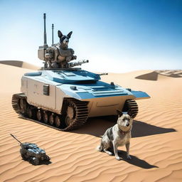 A small robot tank sniper in the desert with one realistic blue heeler dog