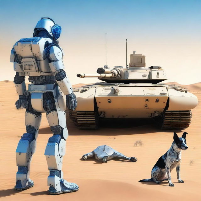 A small robot tank sniper in the desert with one realistic blue heeler dog