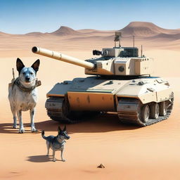 A small robot tank sniper in the desert with one realistic blue heeler dog