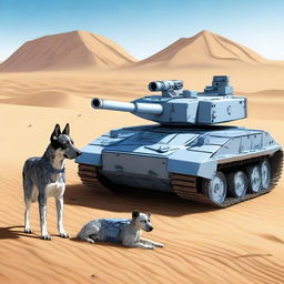 One small robot tank sniper in the desert with one realistic blue heeler dog