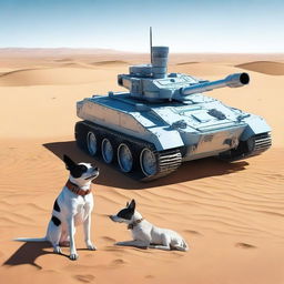 One small robot tank sniper in the desert with one realistic blue heeler dog