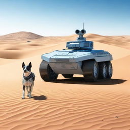 One small robot tank sniper in the desert with one realistic blue heeler dog