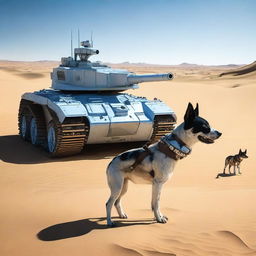 One small robot tank sniper in the desert with one realistic blue heeler dog