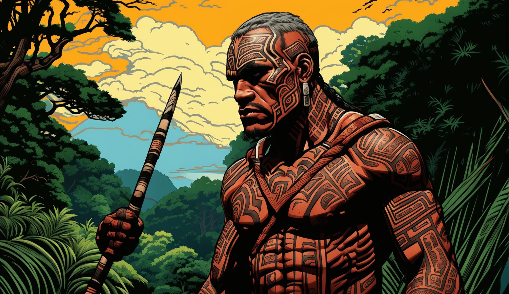 A determined Māori warrior with traditional face tattoos, holding a tekateka, scanning the horizon in a New Zealand landscape