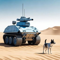 One small robot tank sniper in the desert with one realistic blue heeler dog