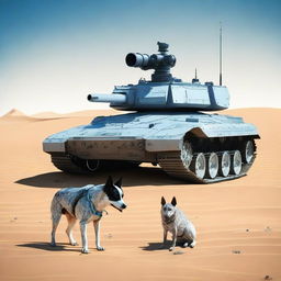 One small robot tank sniper in the desert with one realistic blue heeler dog