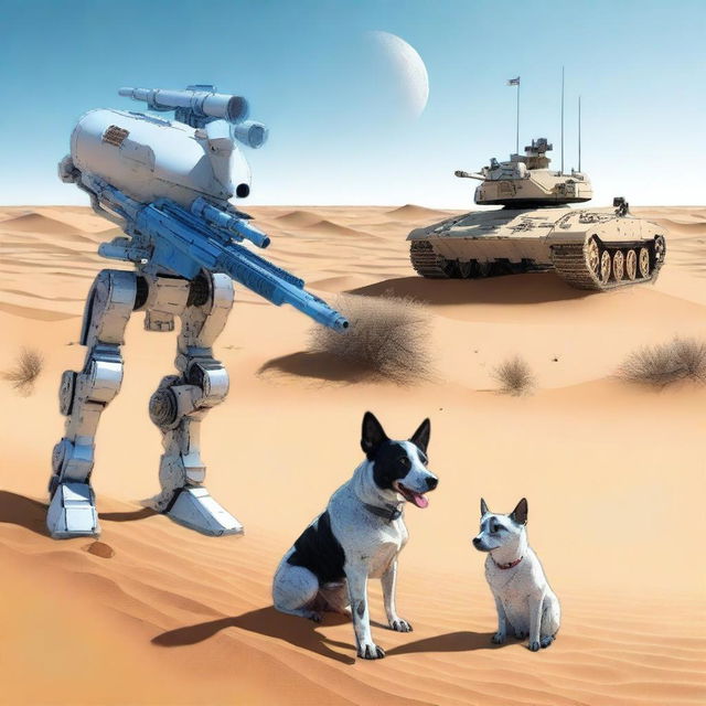 One small robot tank sniper in the desert with one realistic blue heeler dog