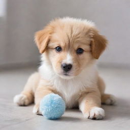 Adorable, playful puppy with shining eyes, fluffy fur, and an energetic aura, lost in joy while playing with a cute, soft toy.